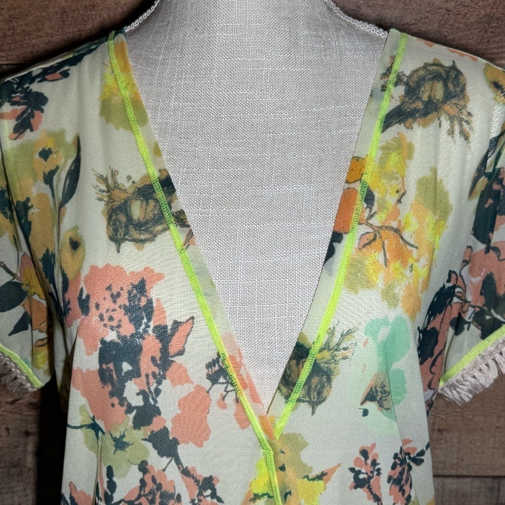 Maaji Lounge Swim Cover size Small Floral Yellow-Green Fringe Crisscross Sheer - Picture 4 of 7